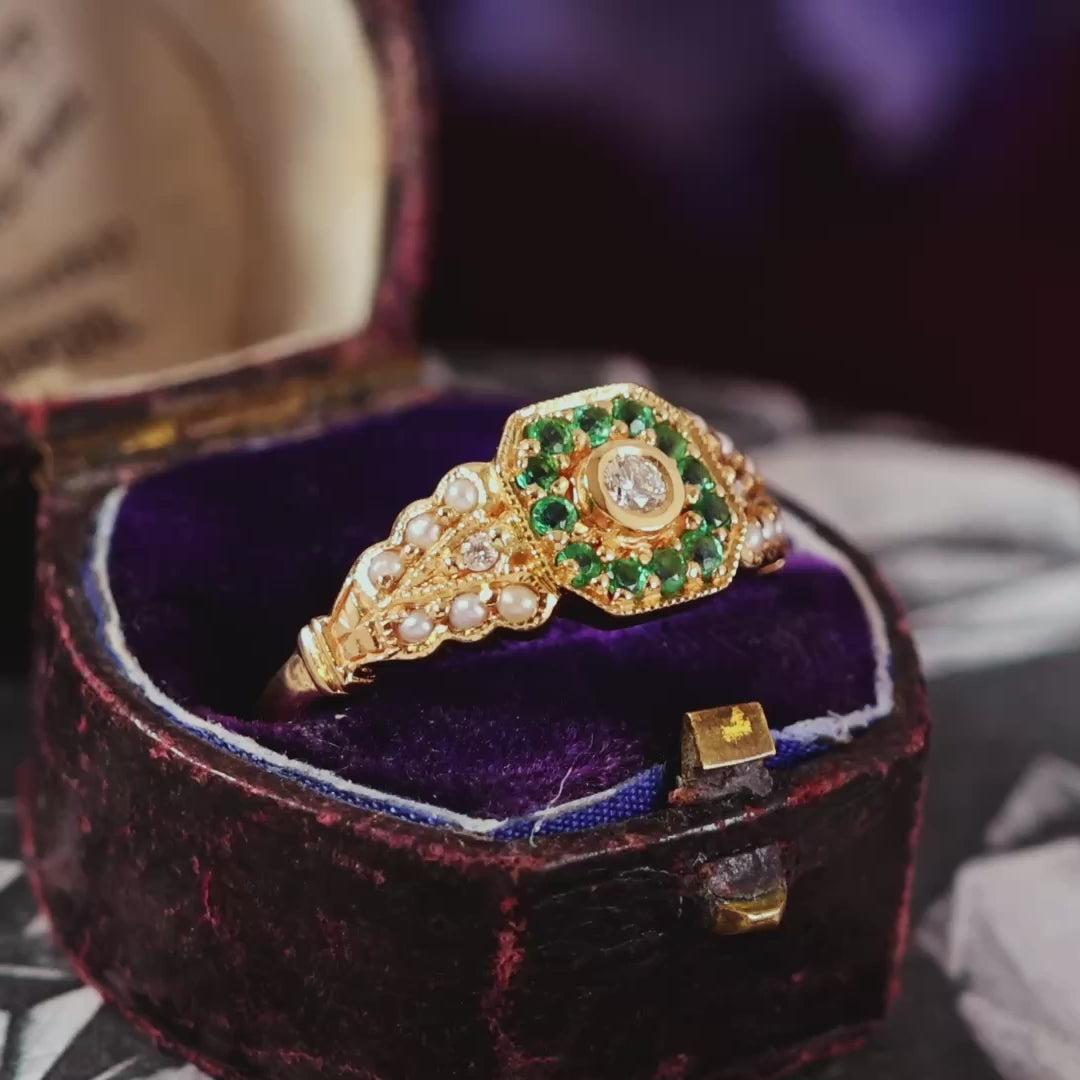 Vintage Style 9ct Gold Emerald, Diamond & Pearl Cluster Ring