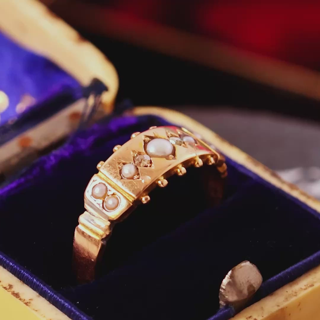 Antique Date 1881 15ct Gold Seed Pearl & Diamond Ring