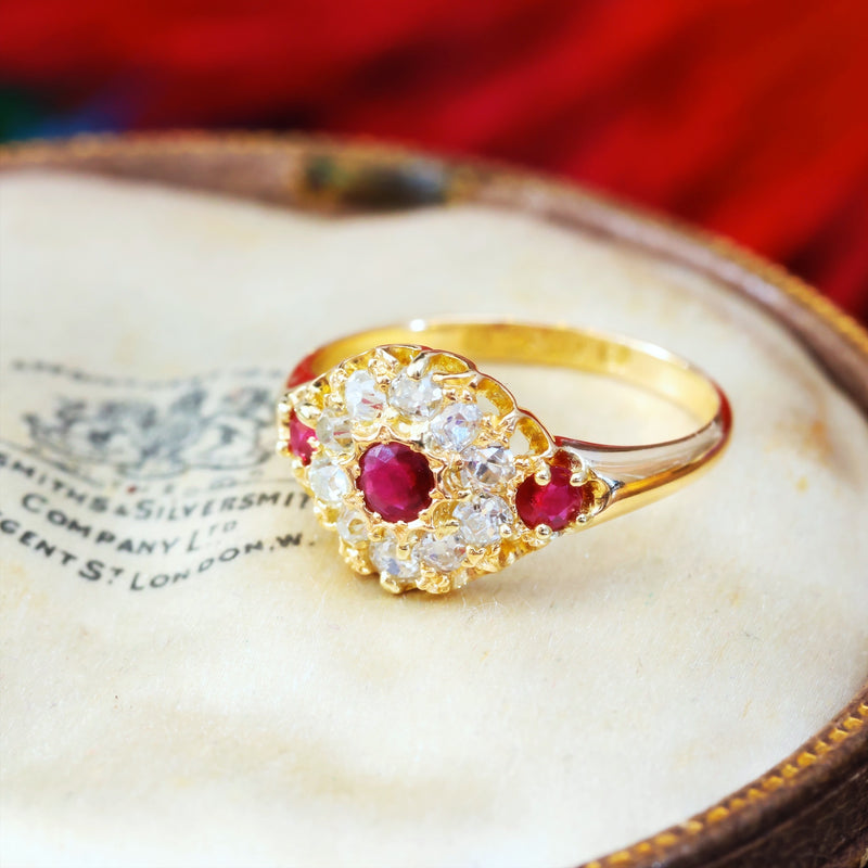 Antique Date 1875 Ruby & Diamond Cluster Ring