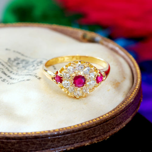 Antique Date 1875 Ruby & Diamond Cluster Ring