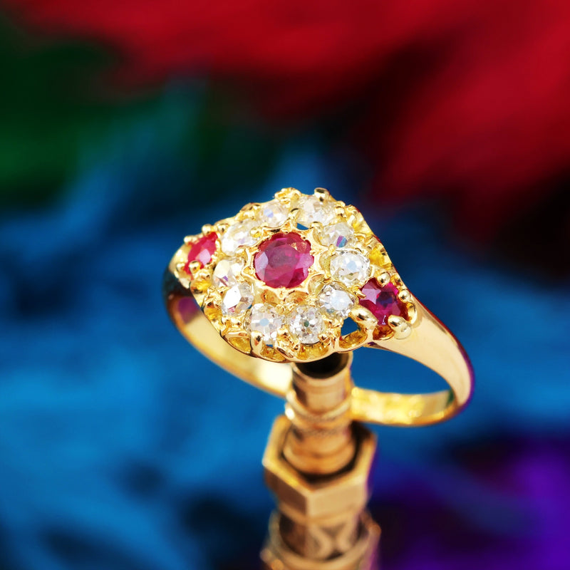 Antique Date 1875 Ruby & Diamond Cluster Ring