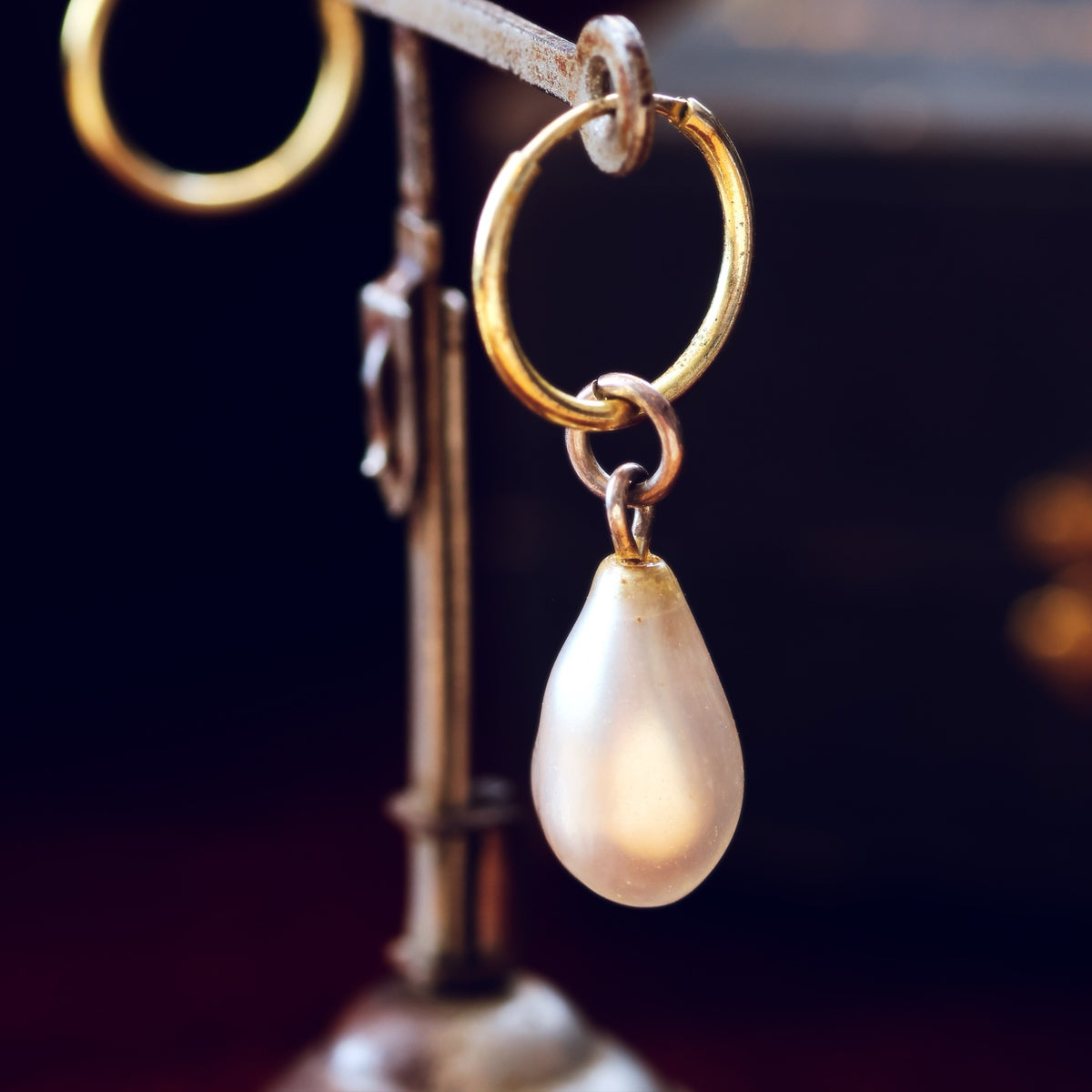Antique Fish Scale Glass Pearl Drop Earring
