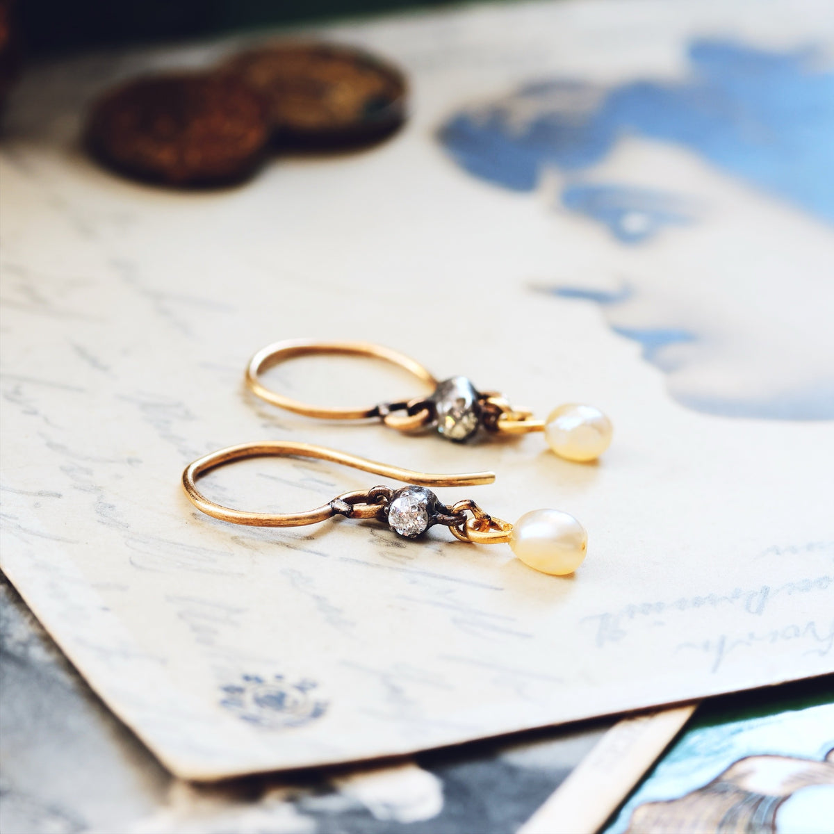 Cute Recycled Diamond & Pearl Drop Earrings