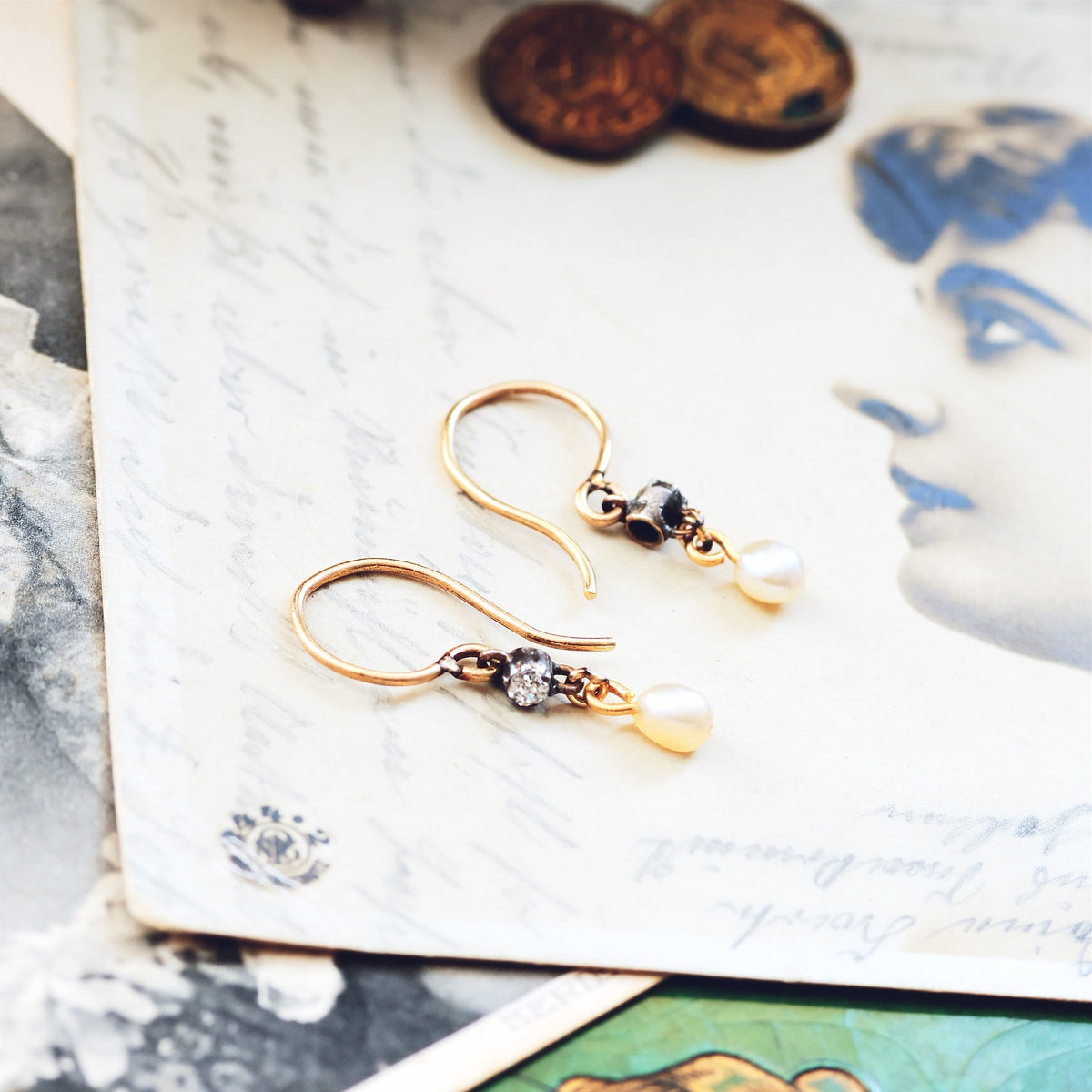Cute Recycled Diamond & Pearl Drop Earrings