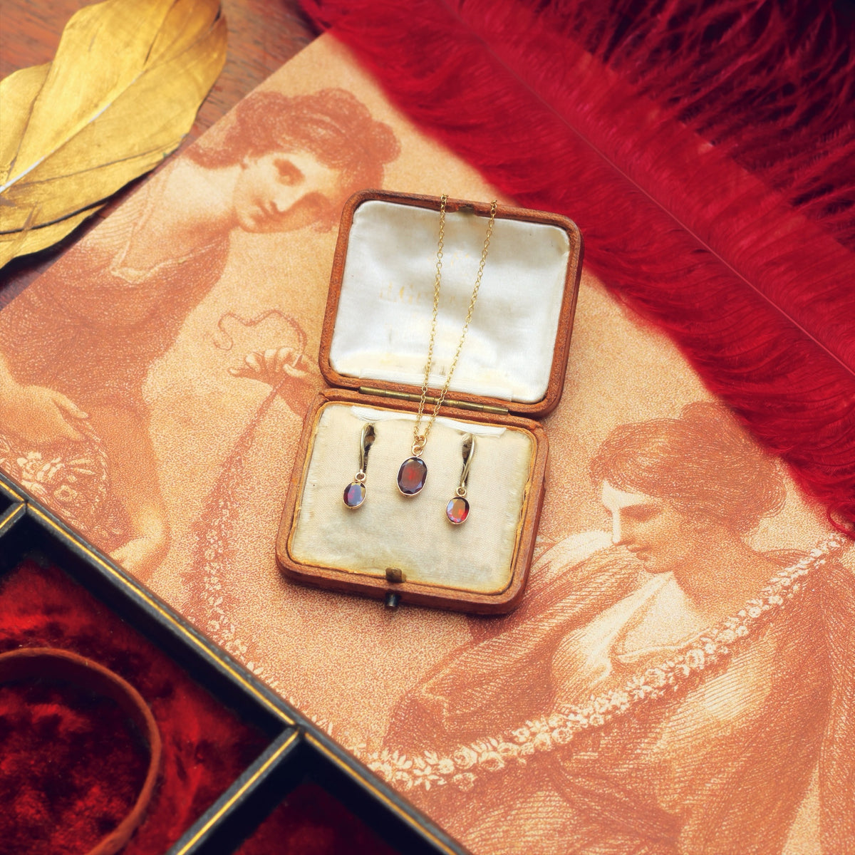 Recycled Foiled Garnet Earrings and Pendant