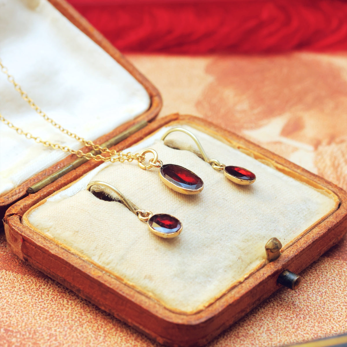 Recycled Foiled Garnet Earrings and Pendant