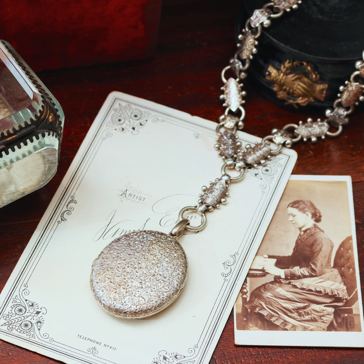 Impressive! Victorian Antique Silver Locket & Collarette