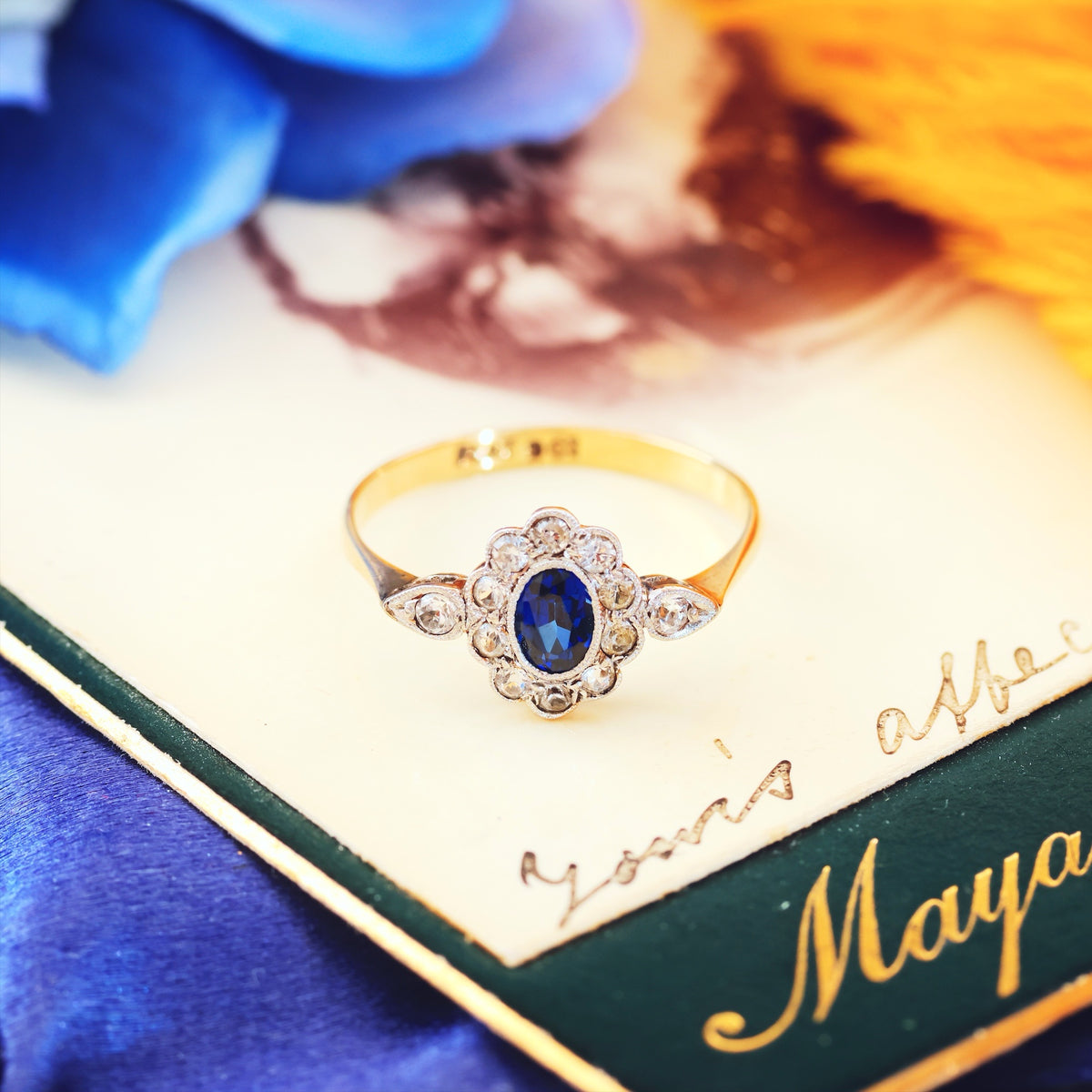 Vintage 1940's Sapphire & Rock Crystal Cluster Ring