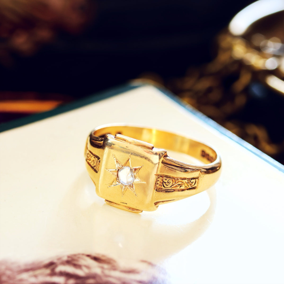 Vintage 1957 9ct Gold Men's Star Set Diamond Signet Ring