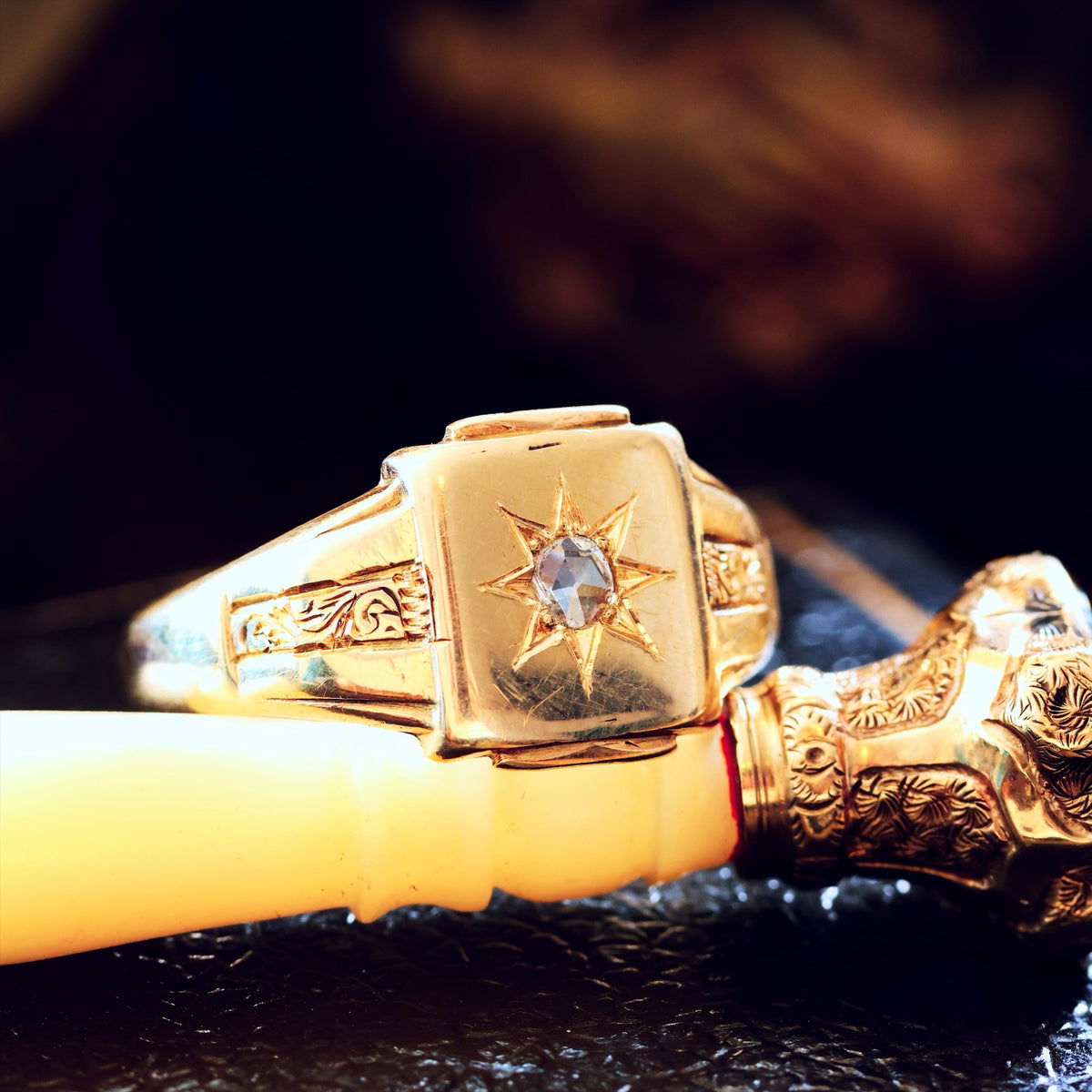 Vintage 1957 9ct Gold Men's Star Set Diamond Signet Ring