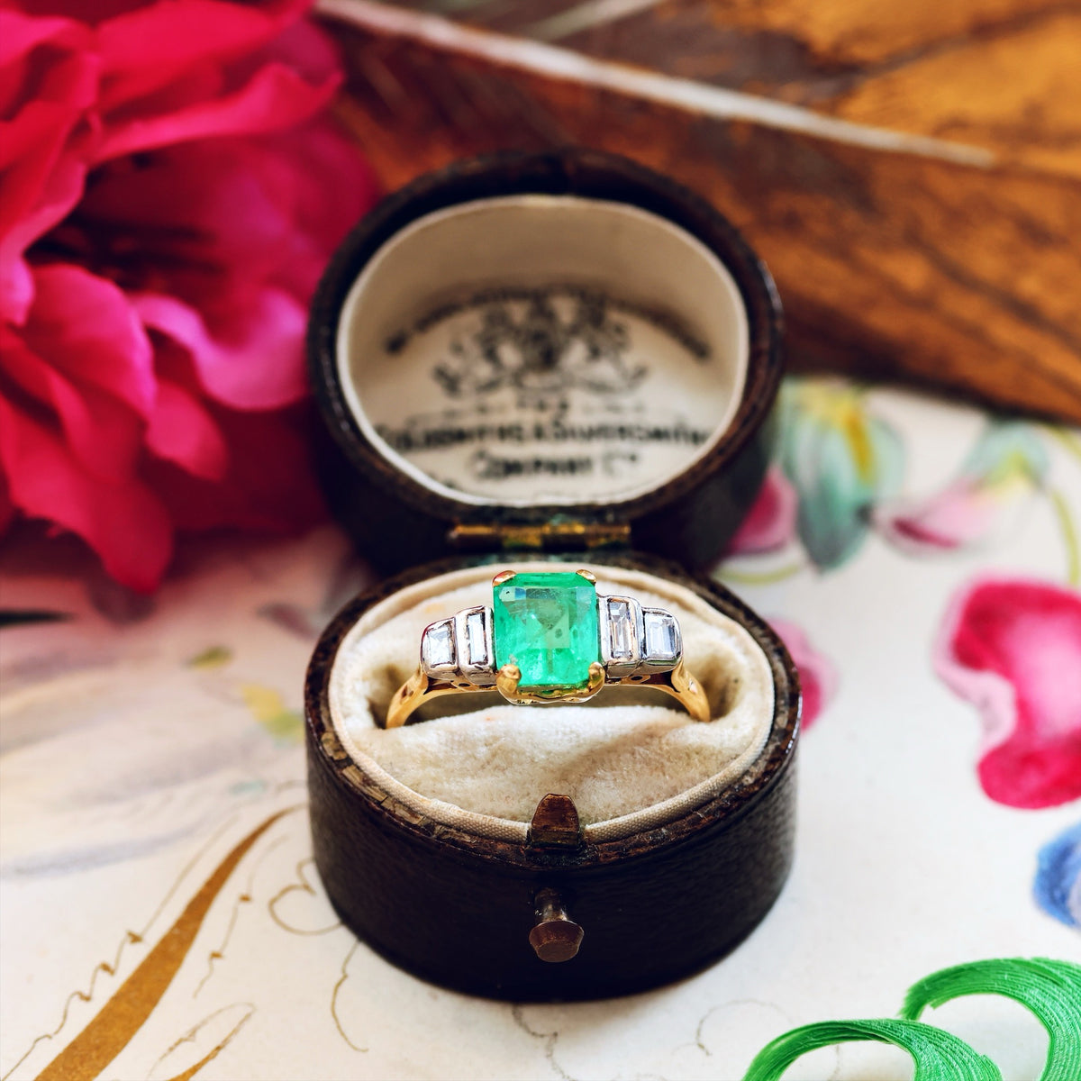 Vintage 1960's Deco Emerald & Diamond Cocktail Ring