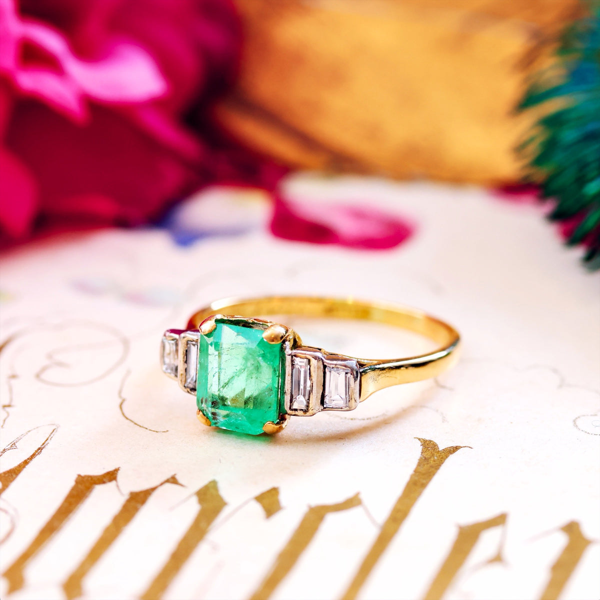 Vintage 1960's Deco Emerald & Diamond Cocktail Ring