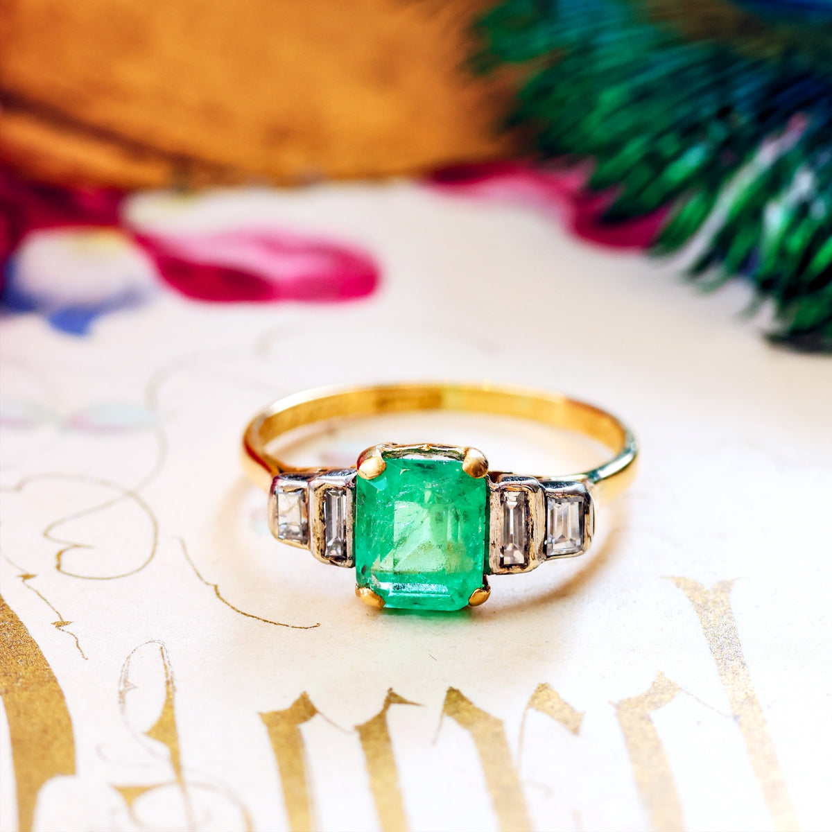 Vintage 1960's Deco Emerald & Diamond Cocktail Ring