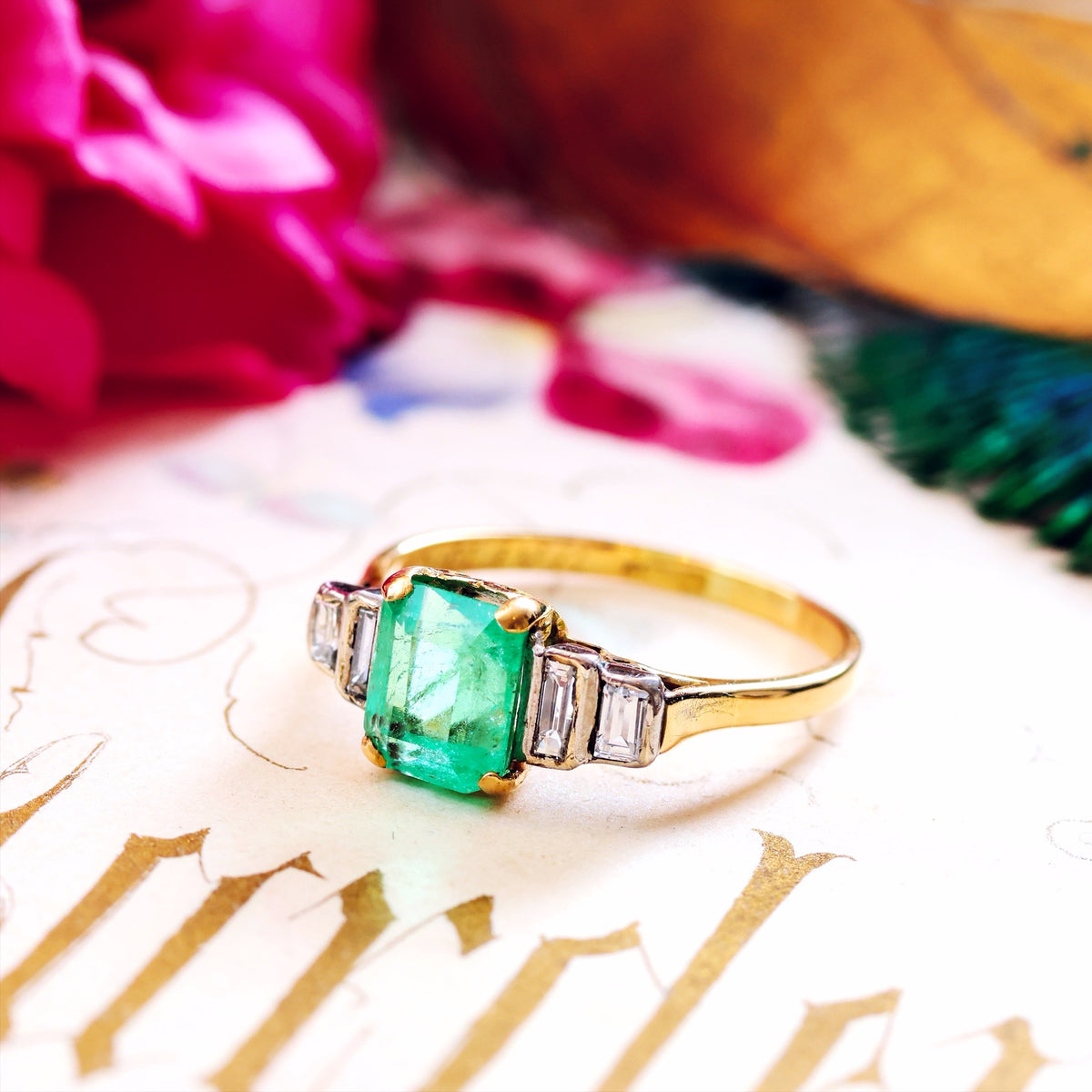 Vintage 1960's Deco Emerald & Diamond Cocktail Ring
