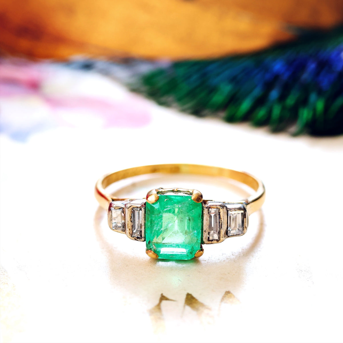 Vintage 1960's Deco Emerald & Diamond Cocktail Ring