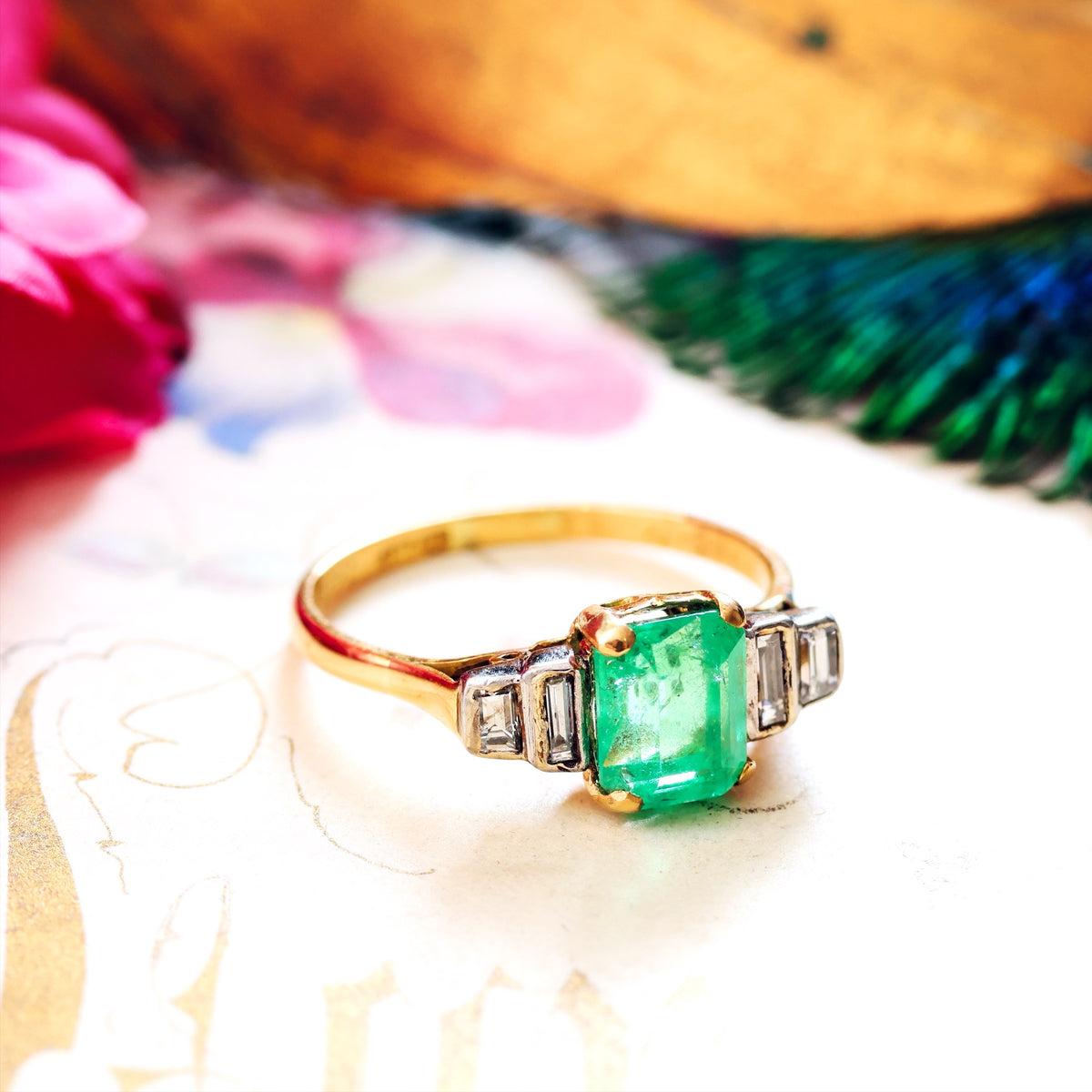 Vintage 1960's Deco Emerald & Diamond Cocktail Ring