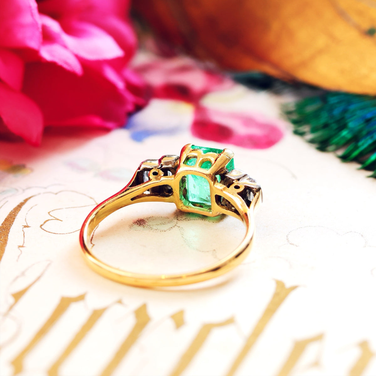 Vintage 1960's Deco Emerald & Diamond Cocktail Ring