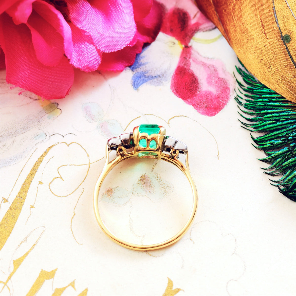 Vintage 1960's Deco Emerald & Diamond Cocktail Ring
