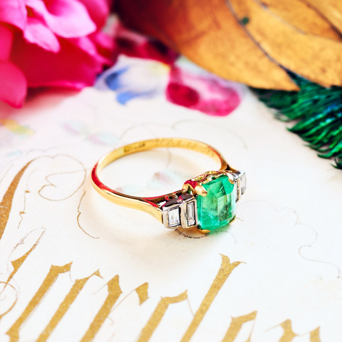 Vintage 1960's Deco Emerald & Diamond Cocktail Ring