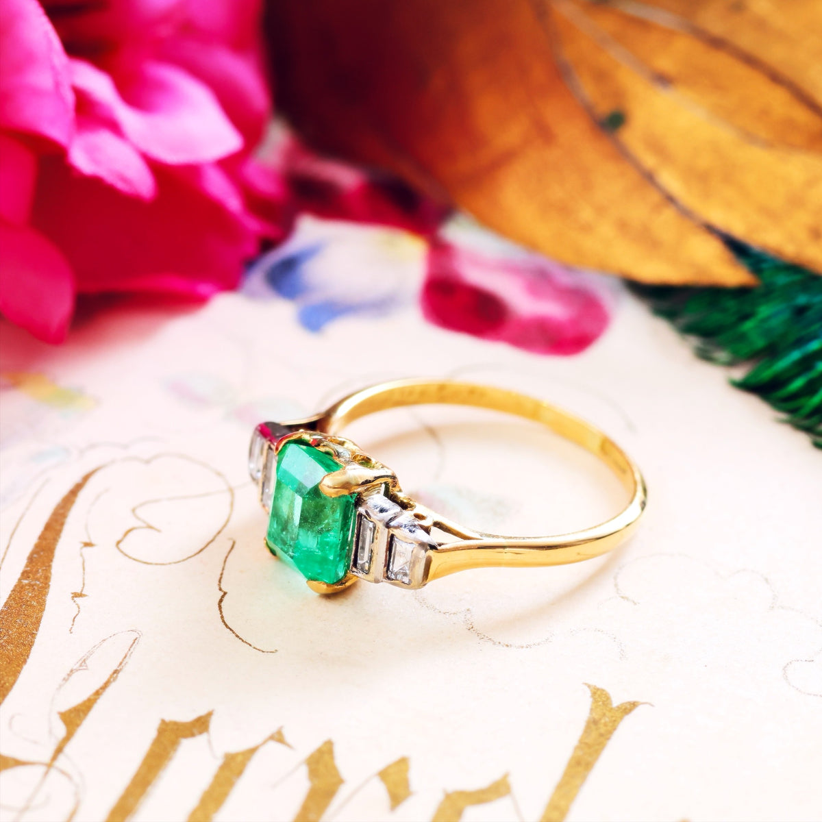 Vintage 1960's Deco Emerald & Diamond Cocktail Ring