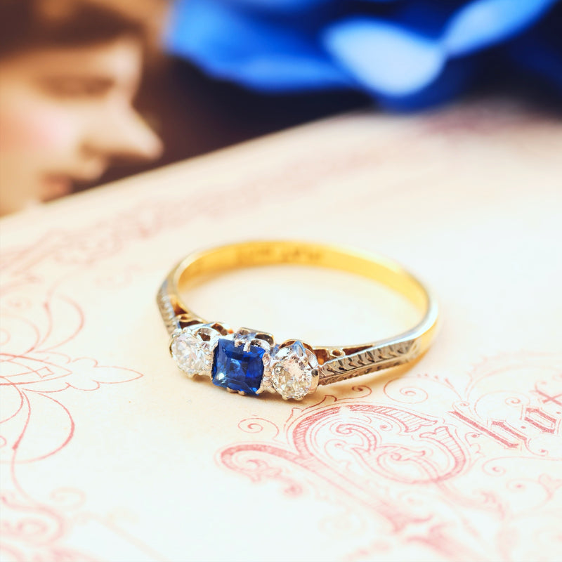 Vintage 1970's Sapphire & Diamond Trilogy Engagement Ring