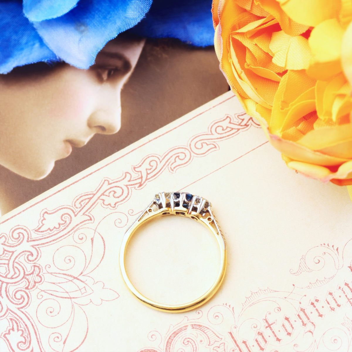 Vintage 1970's Sapphire & Diamond Trilogy Engagement Ring