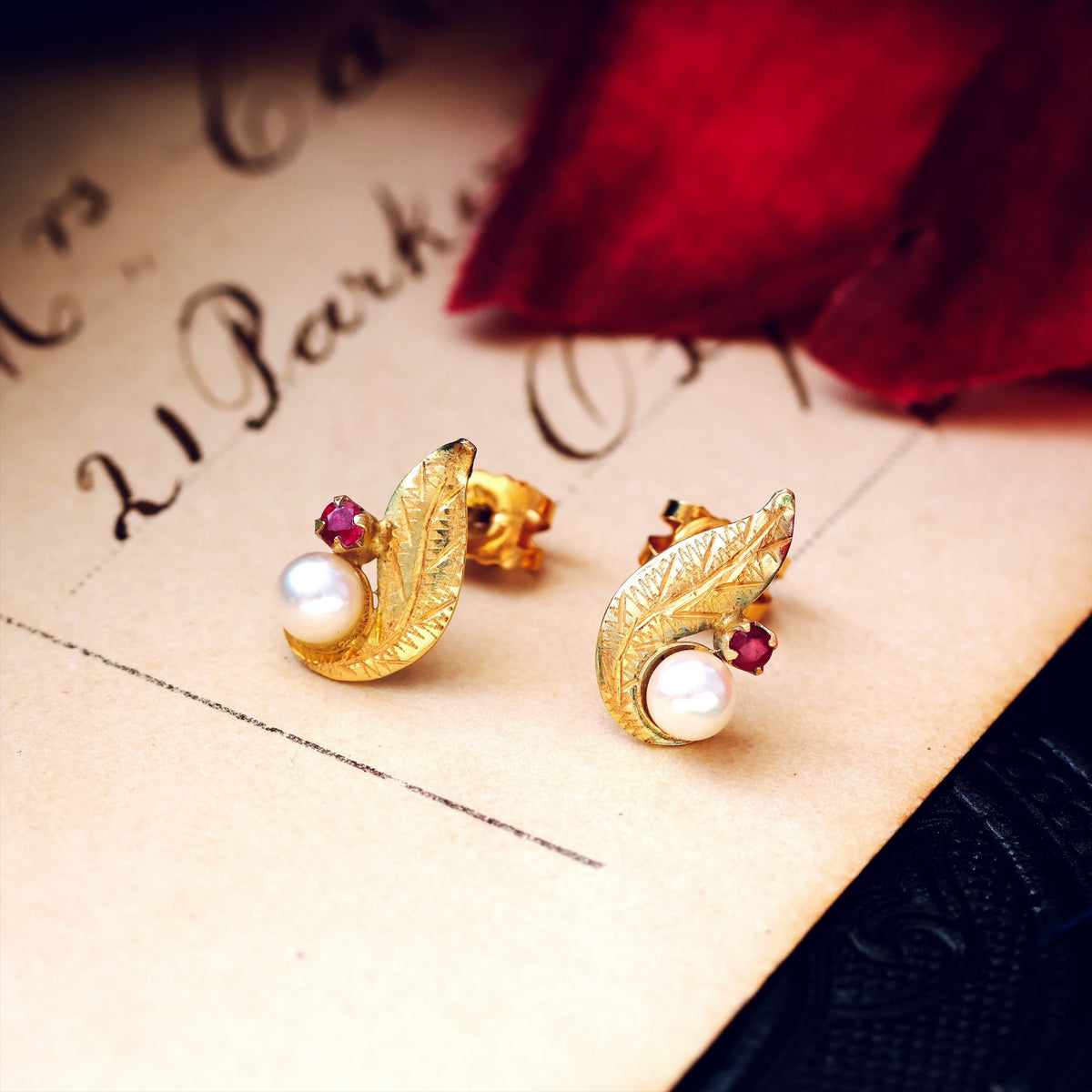 Vintage 1980's Ruby & Pearl Earrings