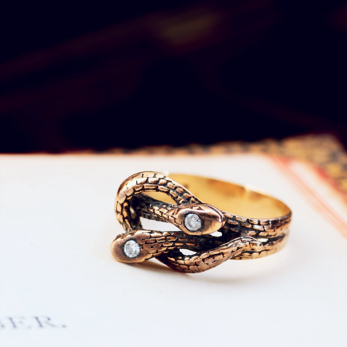 Vintage Rose Gold Diamond Snakes Ring
