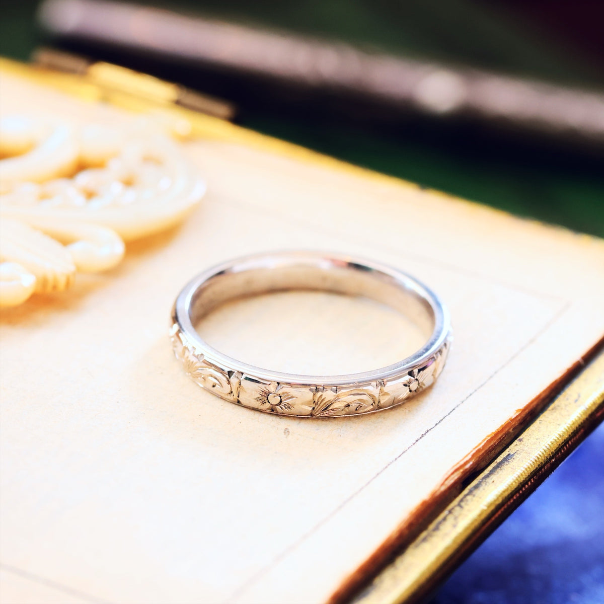 Size L or 5.5 Hand Engraved White Gold Wedding Band