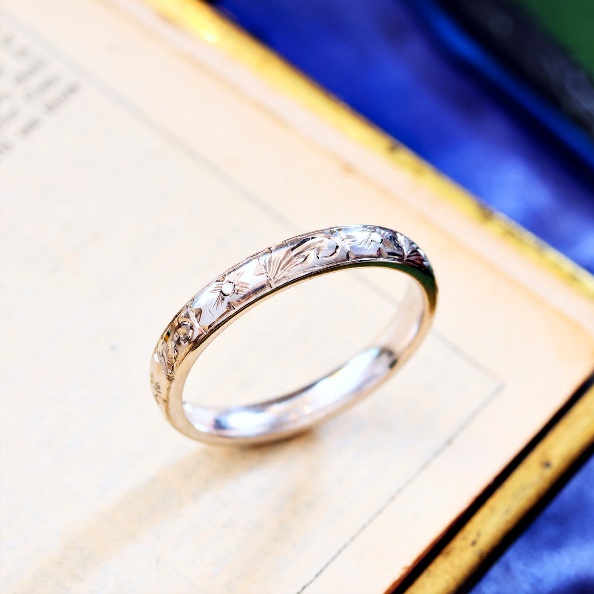 Size L or 5.5 Hand Engraved White Gold Wedding Band