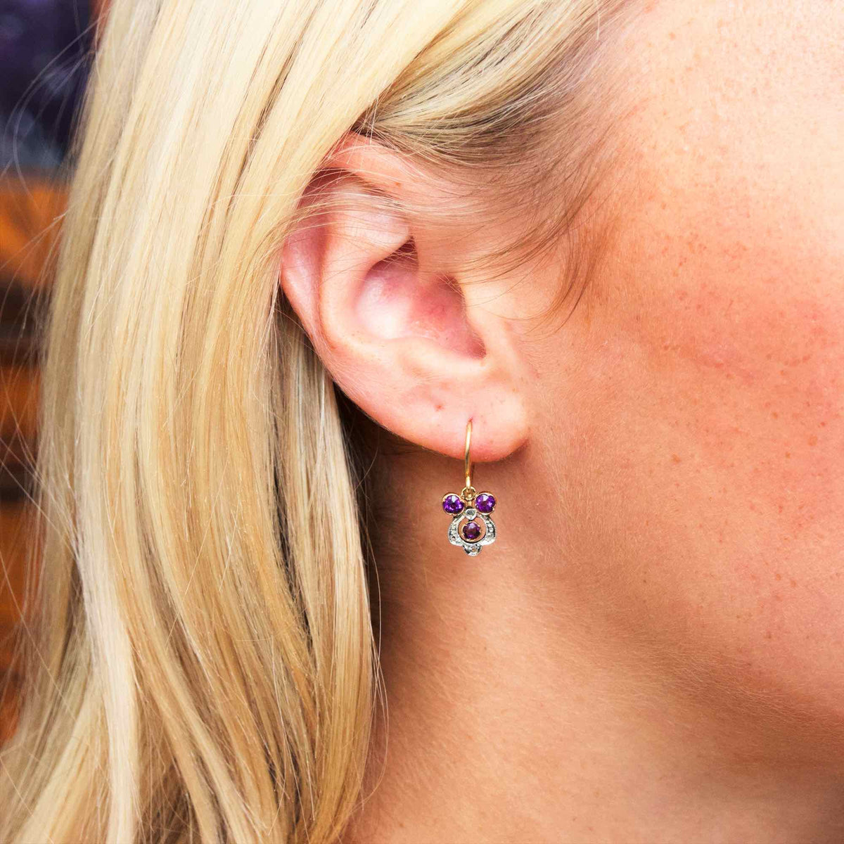 Pretty Antique Amethyst & Diamond Pansy Earrings