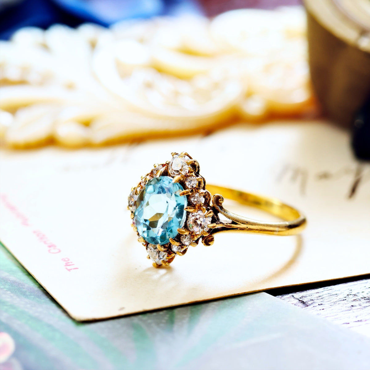 Vintage Aquamarine & Diamond Cluster Ring