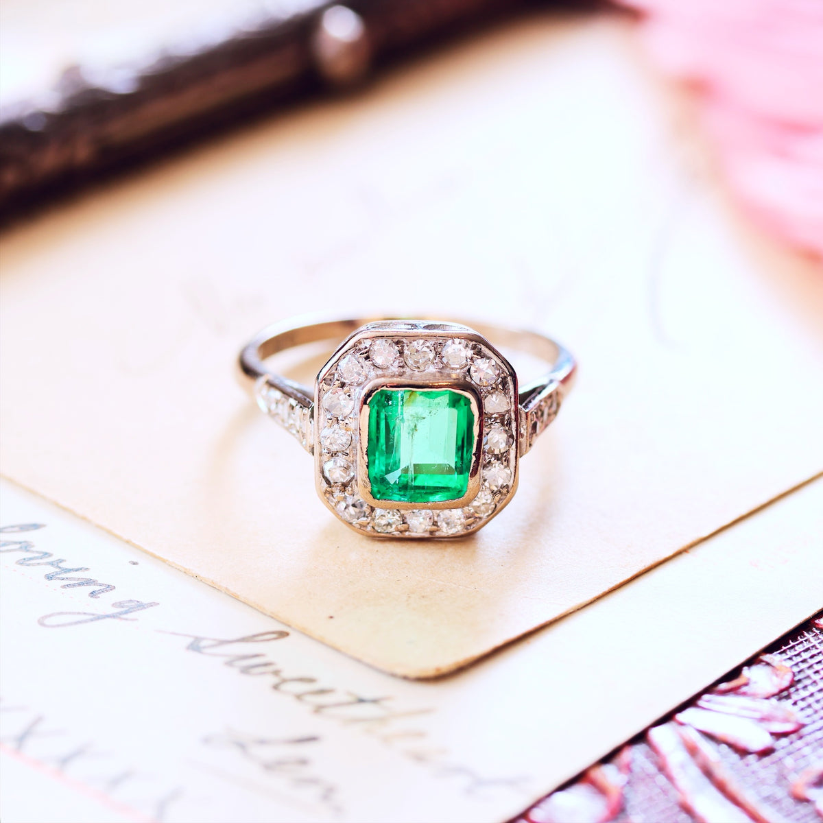 Vintage Art Deco Emerald & Diamond Engagement Ring