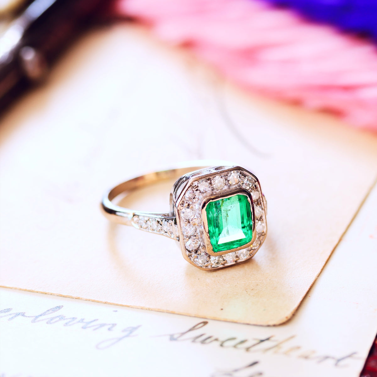 Vintage Art Deco Emerald & Diamond Engagement Ring