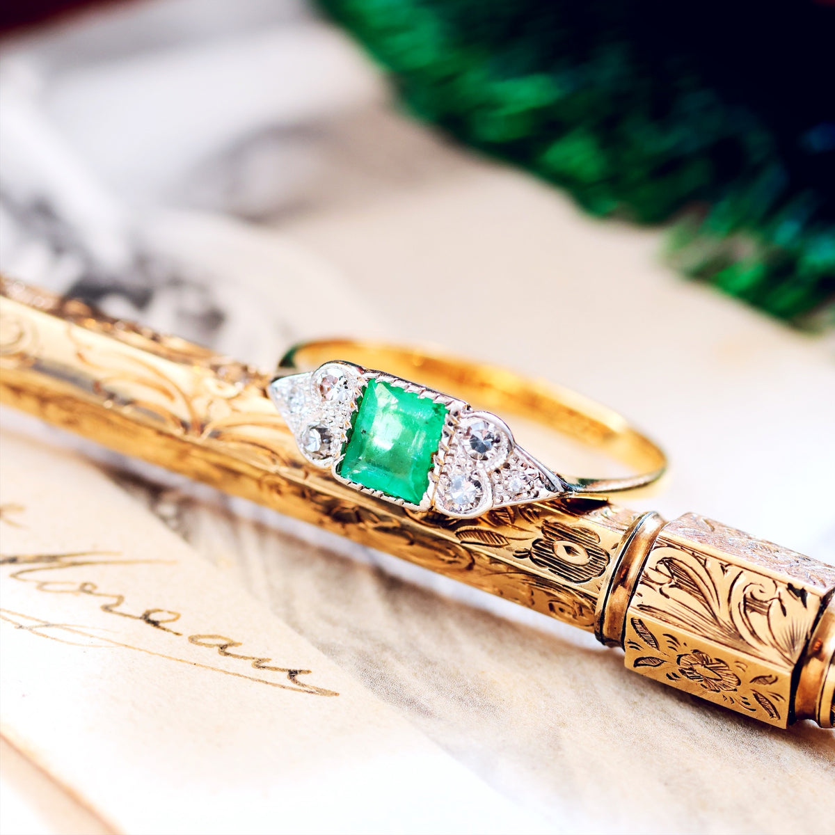 Vintage Art Deco Emerald & Diamond Engagement Ring