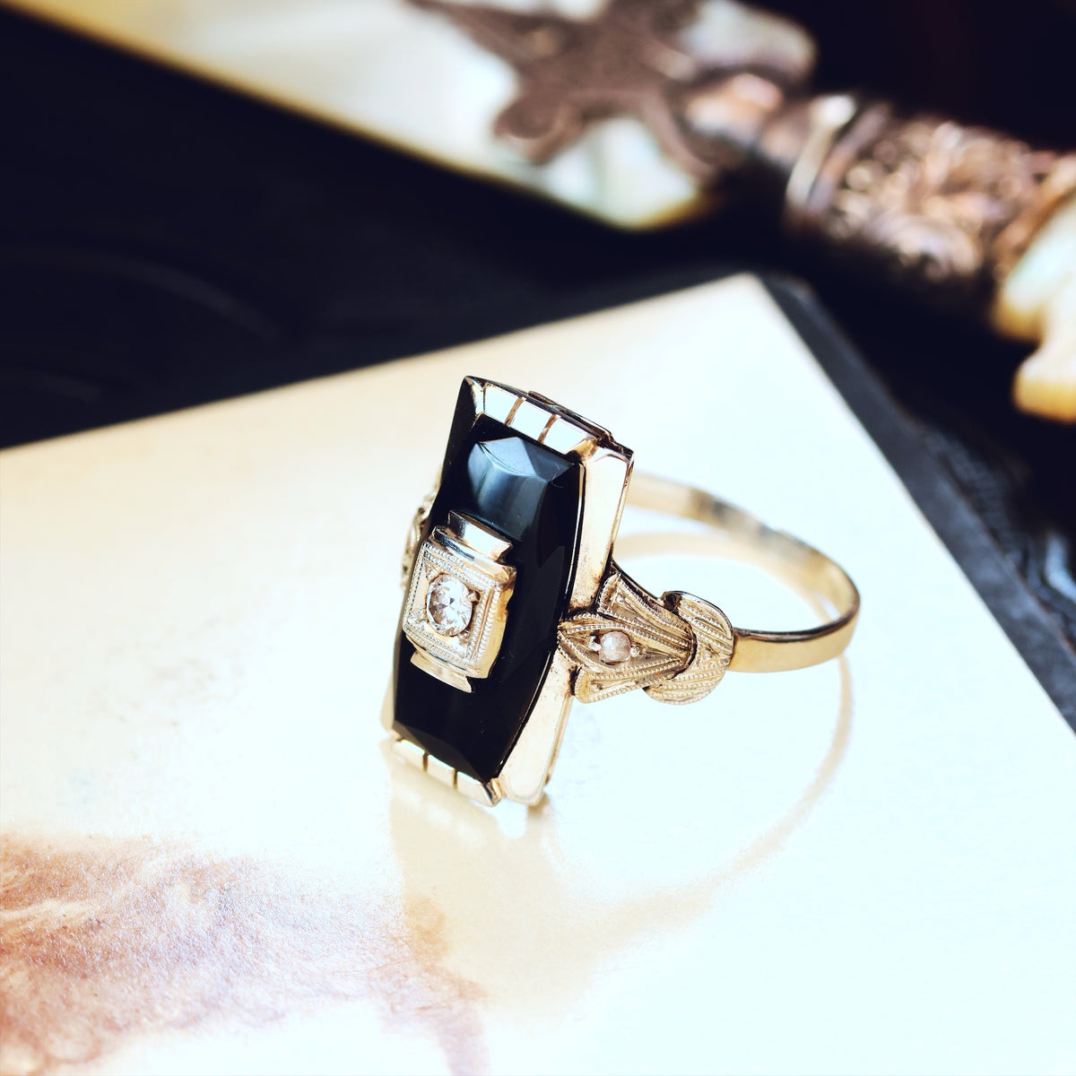 Vintage Art Deco Onyx & Diamond Cocktail Ring
