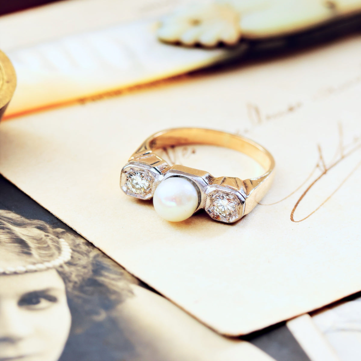 Sensational Vintage Art Deco Pearl & Diamond Cocktail Ring