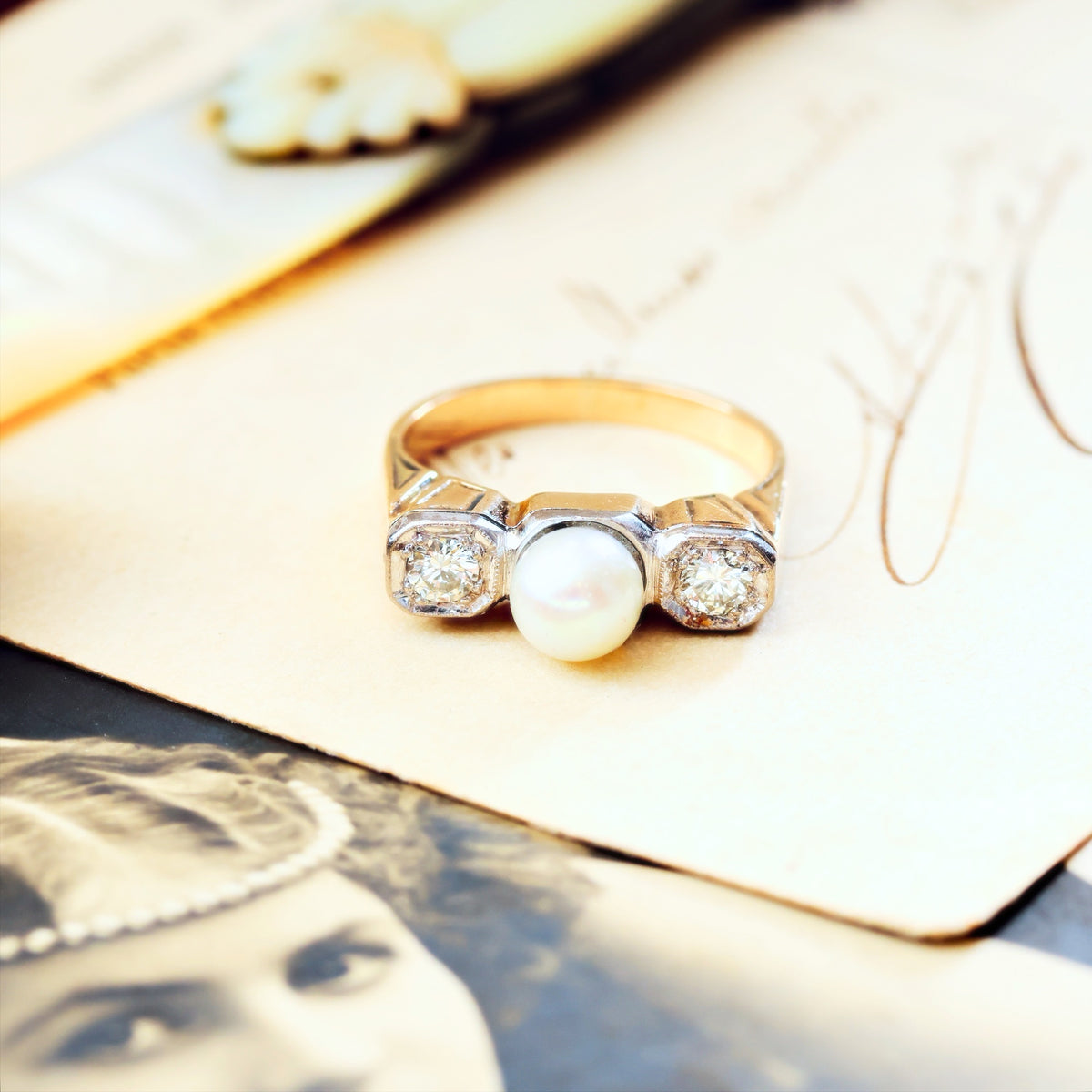 Vintage Art Deco Pearl & Diamond Cocktail Ring