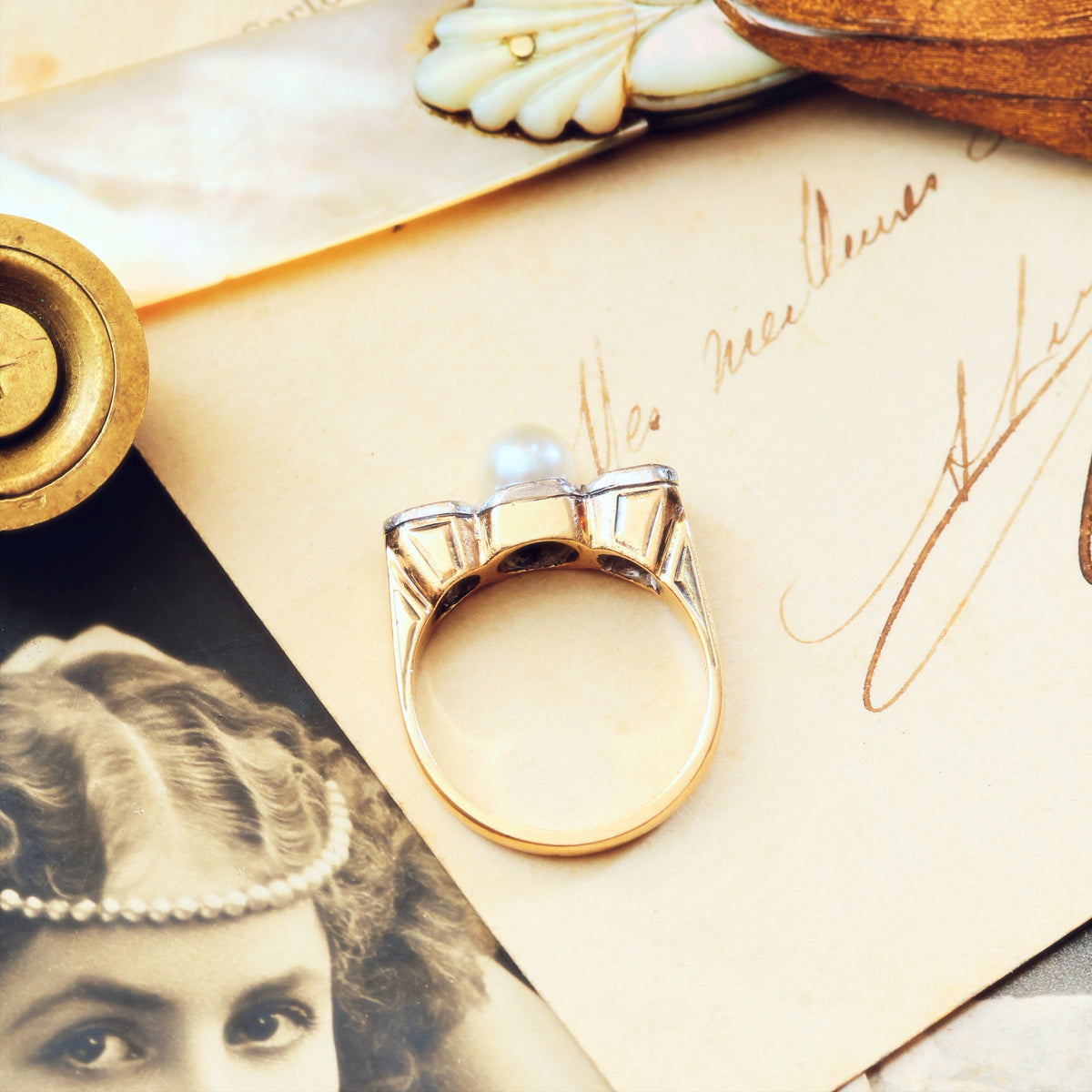 Sensational Vintage Art Deco Pearl & Diamond Cocktail Ring