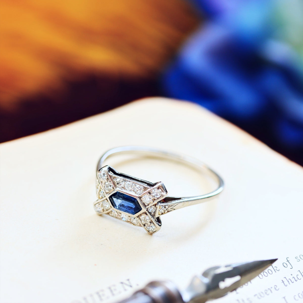 Unusual Hand Made Vintage Art Deco Sapphire & Diamond Ring