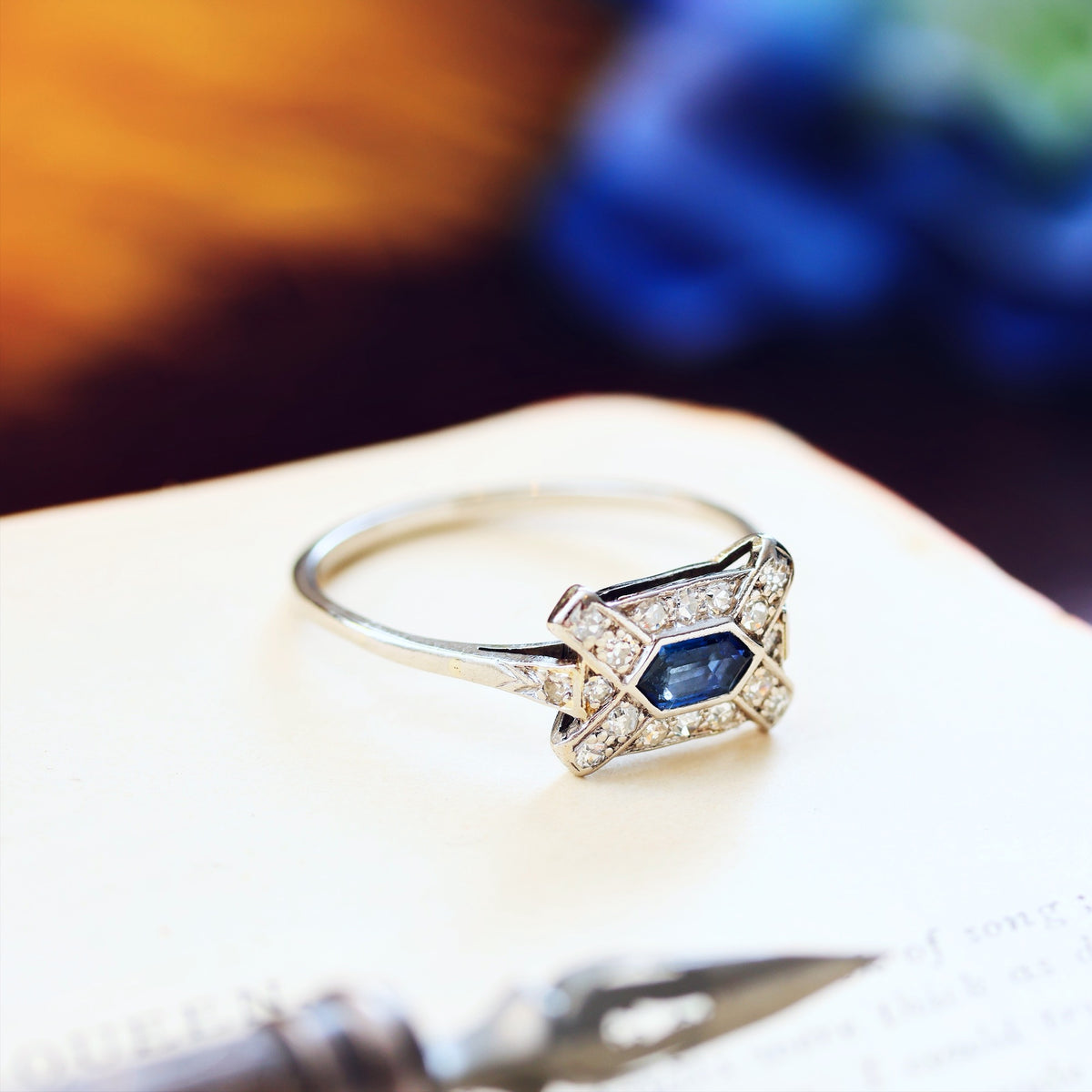 Unusual Hand Made Vintage Art Deco Sapphire & Diamond Ring