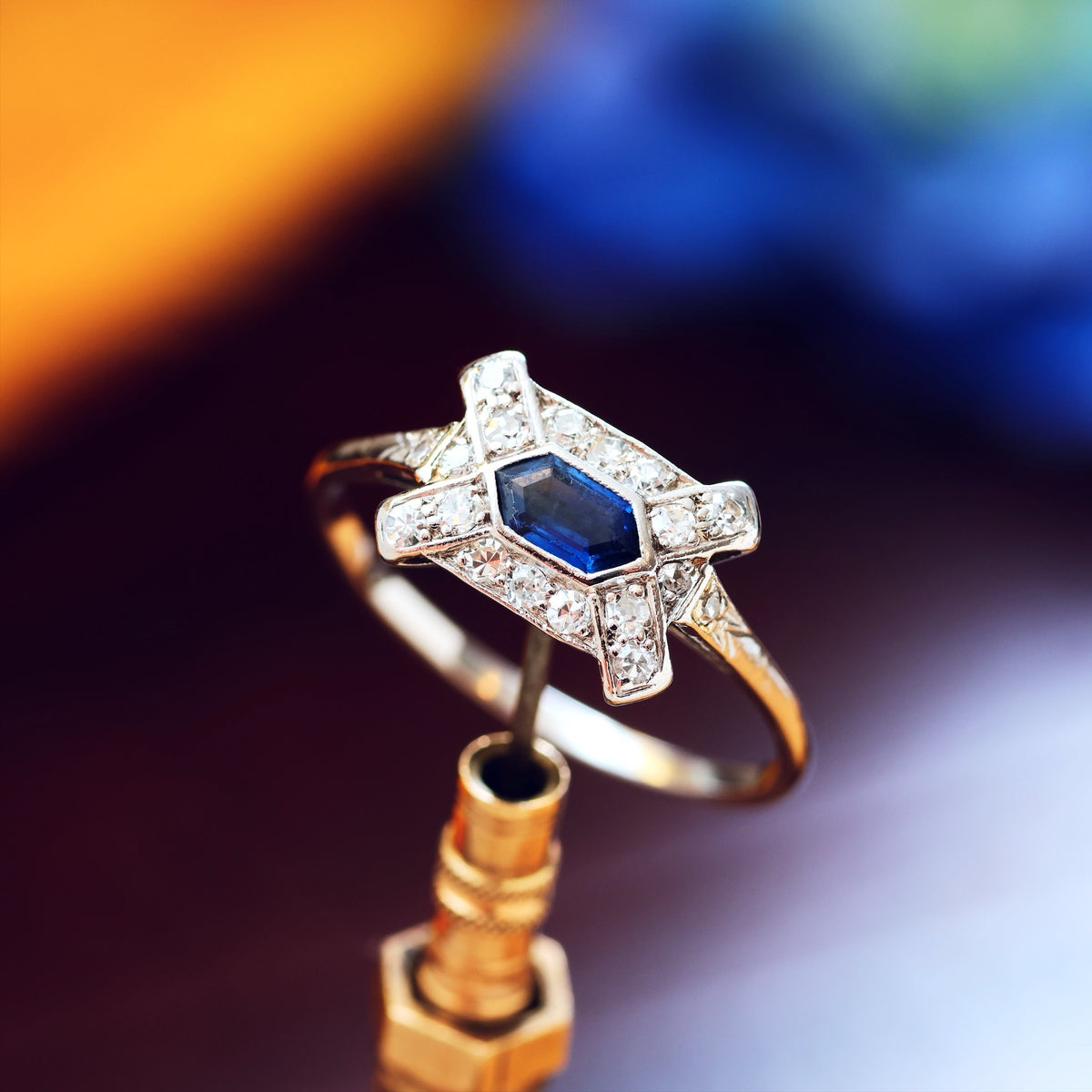 Unusual Hand Made Vintage Art Deco Sapphire & Diamond Ring