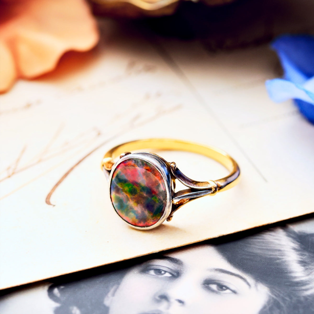 Vintage Black Magic Opal Triplet Ring