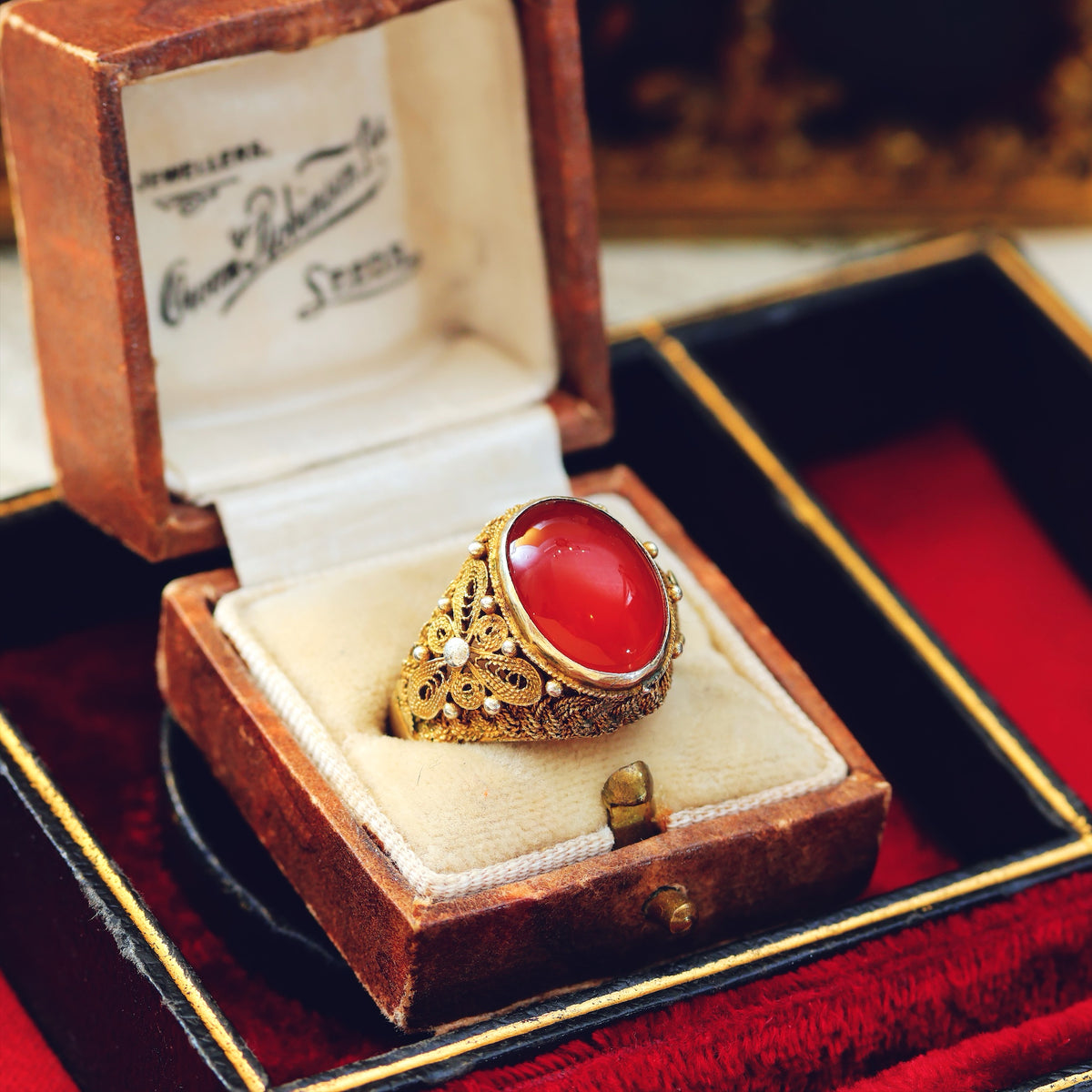 Fine Chinese Export Carnelian Filigree Ring