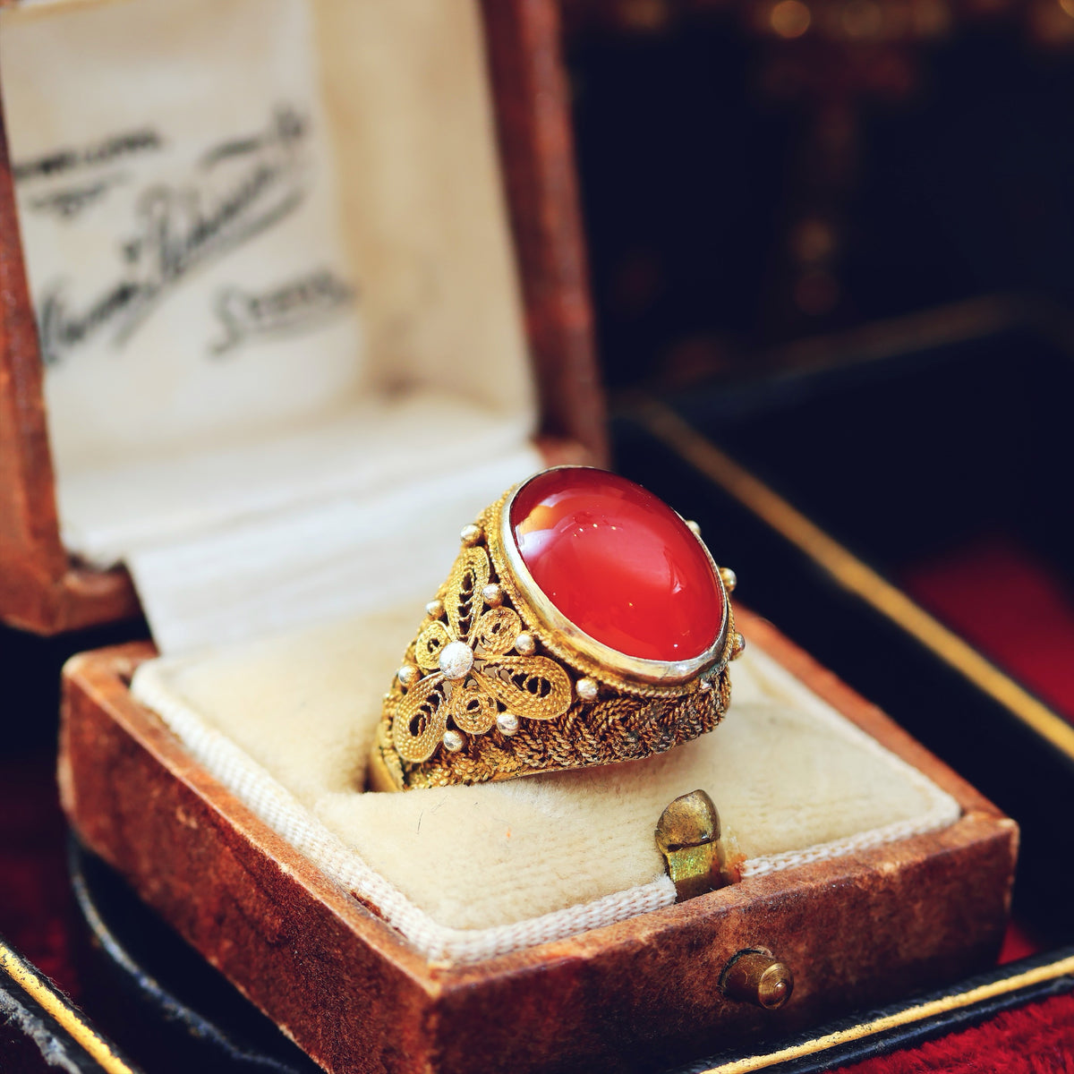 Fine Chinese Export  Carnelian Filigree Ring