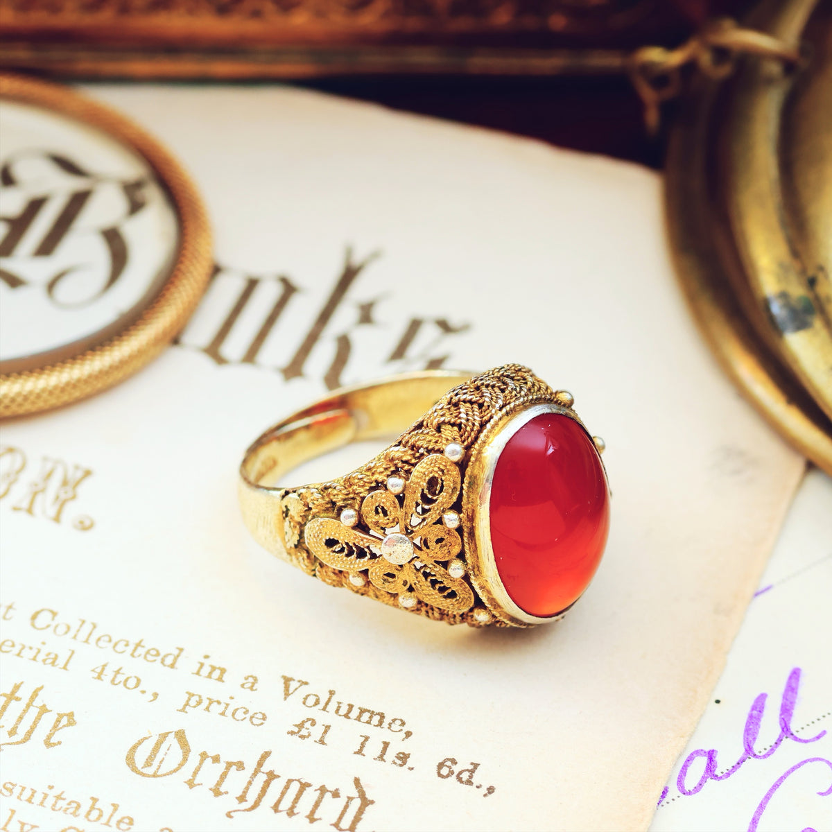 Fine Chinese Export Carnelian Filigree Ring