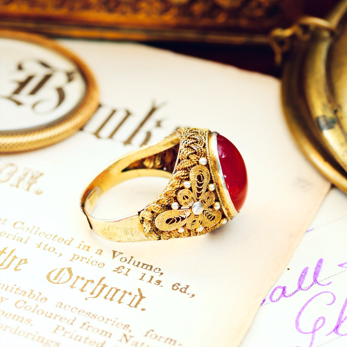 Fine Chinese Export Carnelian Filigree Ring
