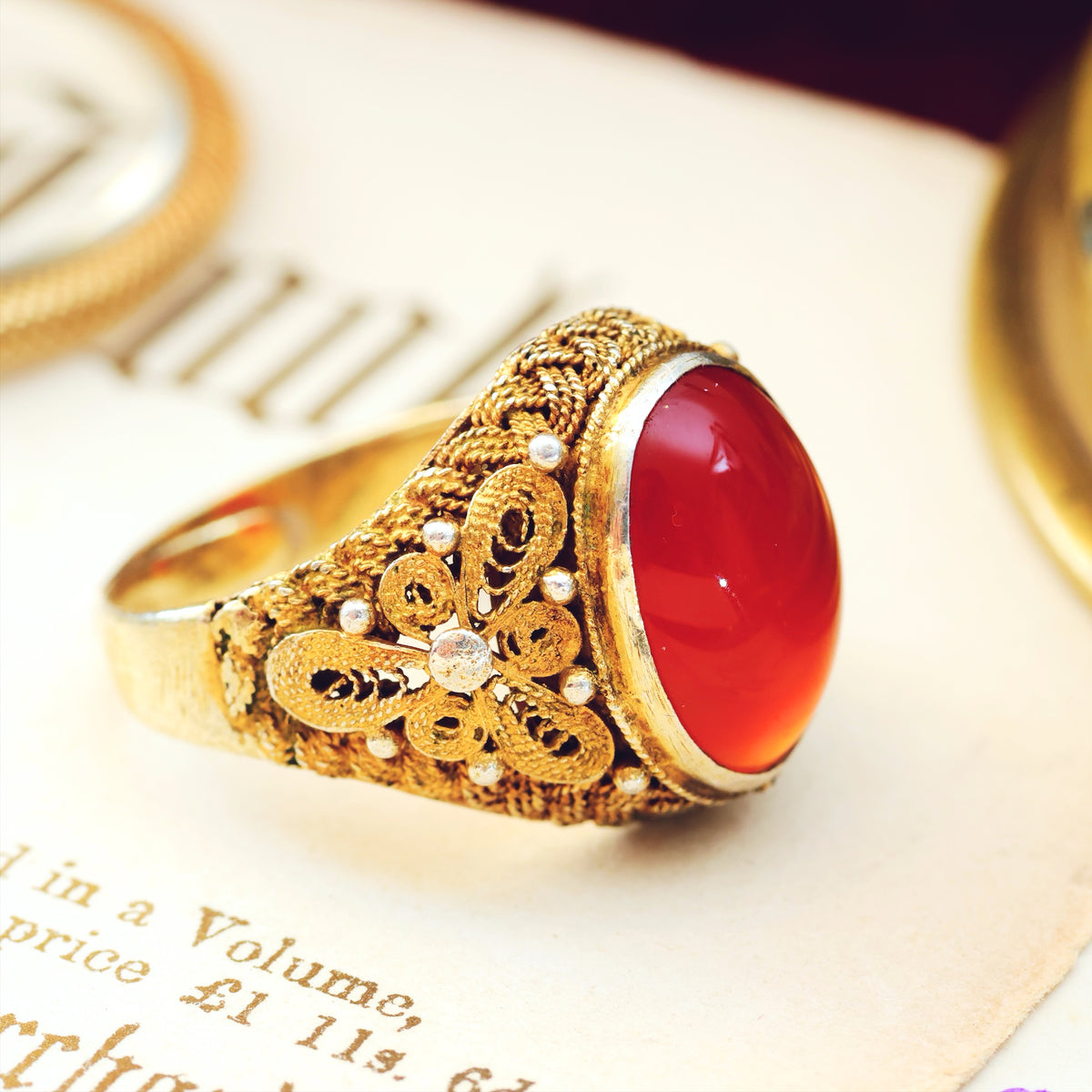Fine Chinese Export Carnelian Filigree Ring