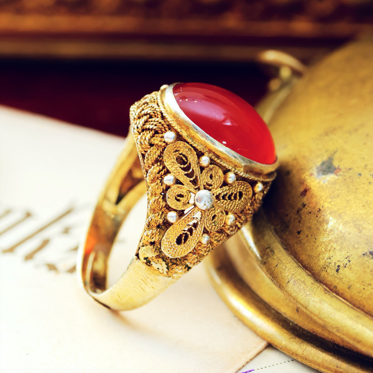 Fine Chinese Export Carnelian Filigree Ring
