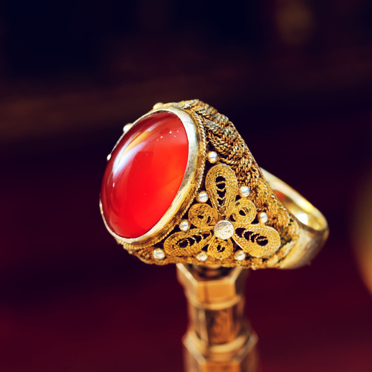 Fine Chinese Export Carnelian Filigree Ring